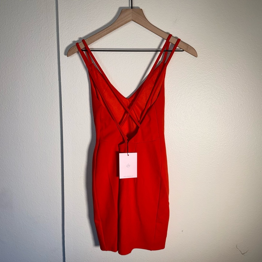 NWT HELLO MOLLY Cherry Limeade neon bodycon cross strap tangerine mini dress M - Picture 9 of 9